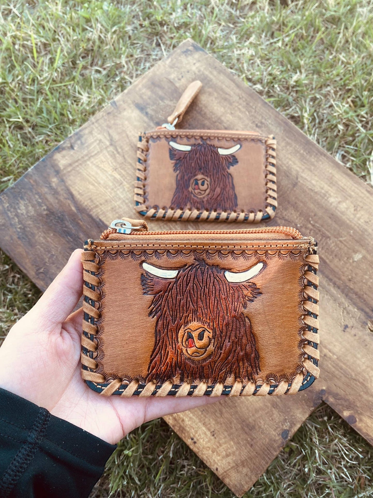 Highland Cow Tooled & Cowhide Coin Pouch