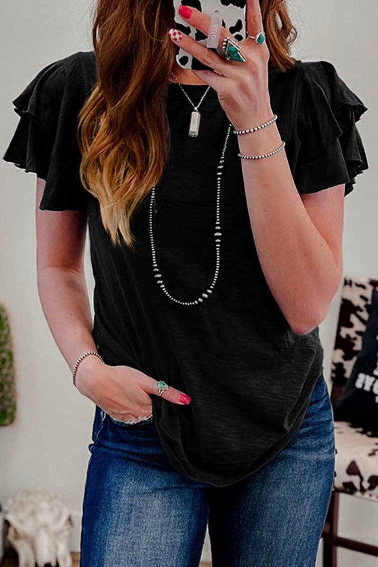 Solid Ruffle Short Sleeve Summer Top-Black