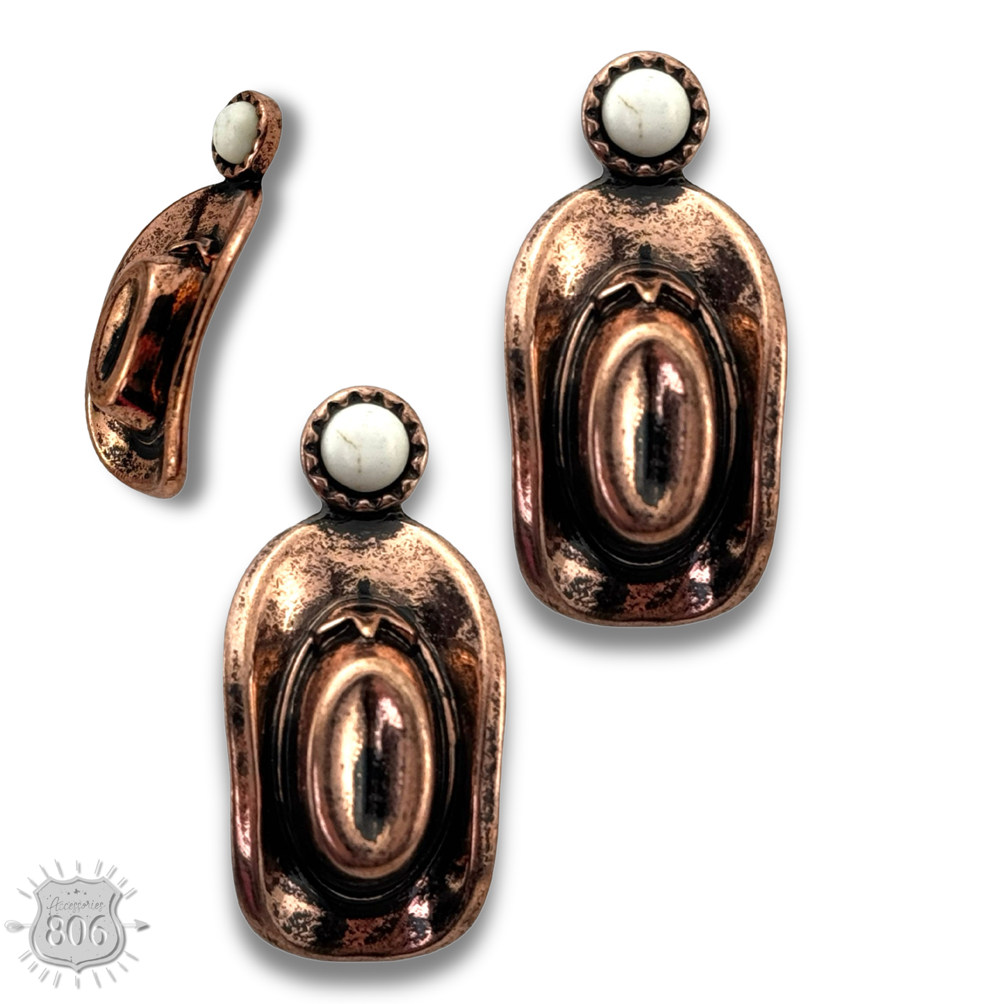 Western cowboy hat on stone post earring: White
