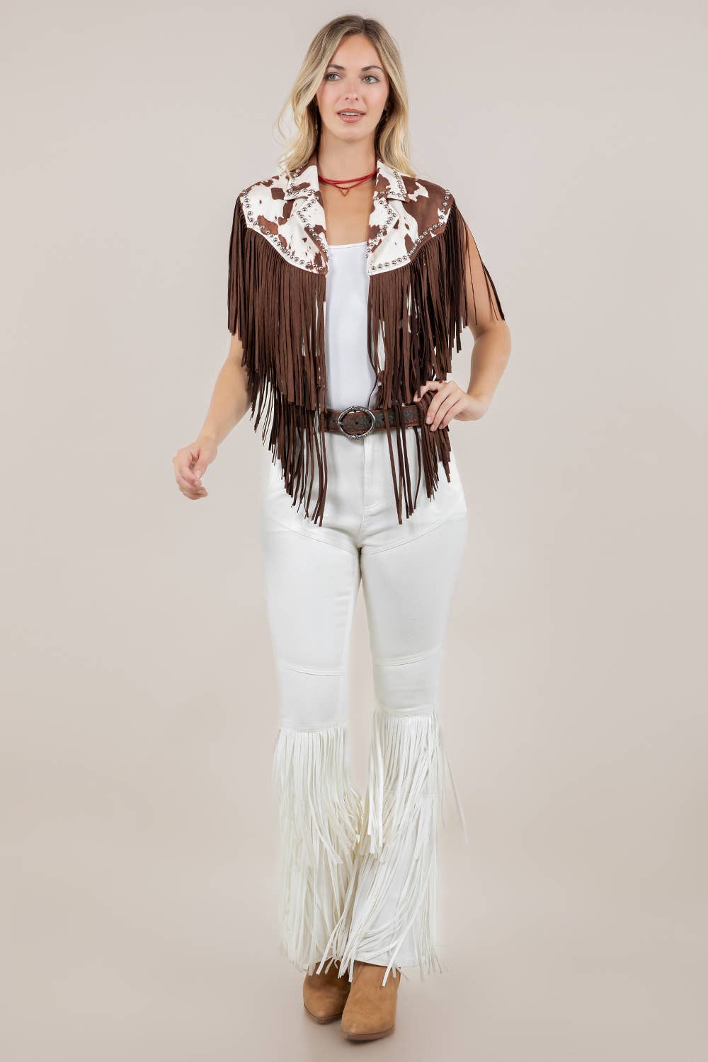 Studded Fringe Shrug- Cow Print