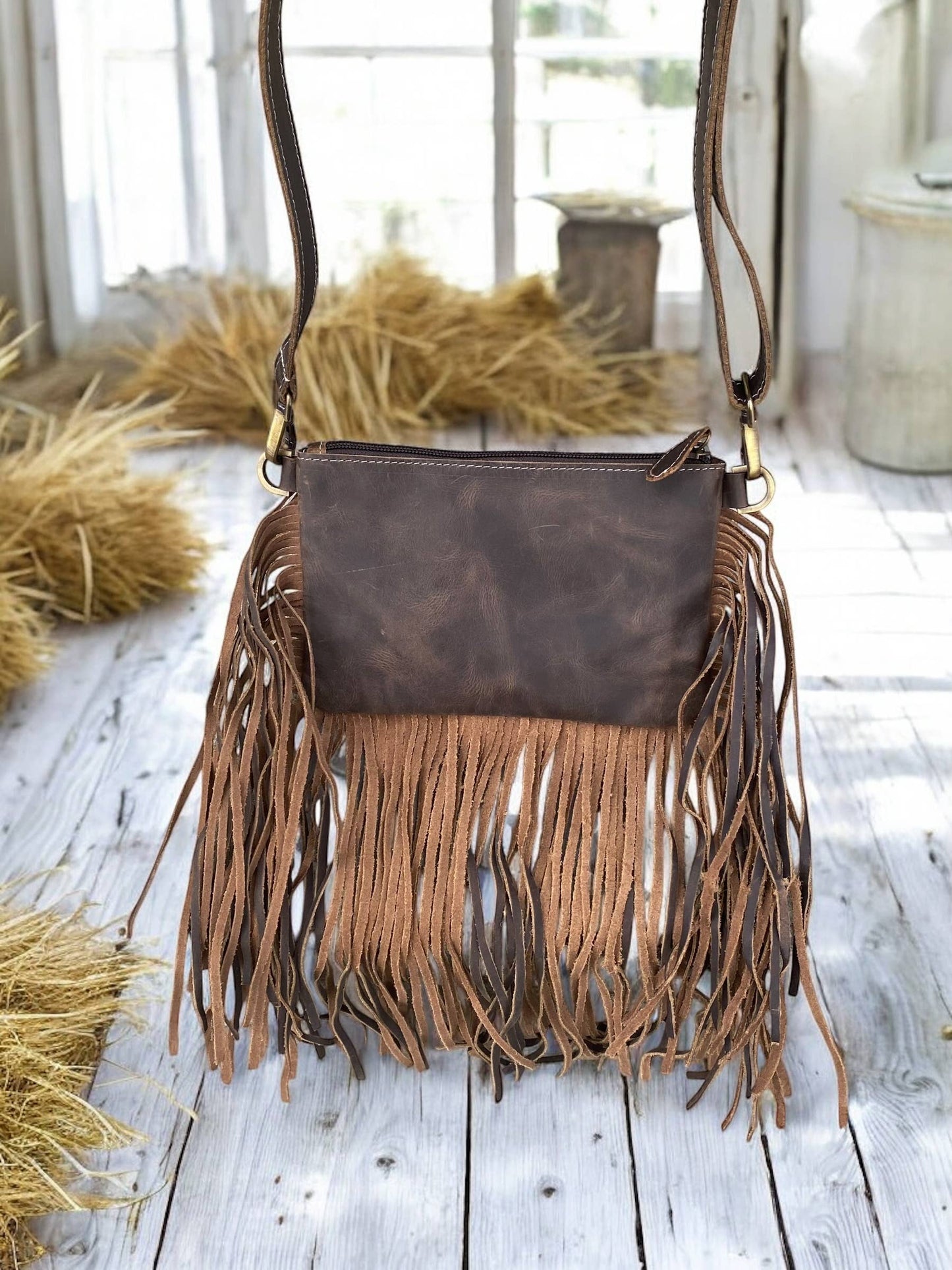 Bucking Horse Cowhide Fringe Crossbody