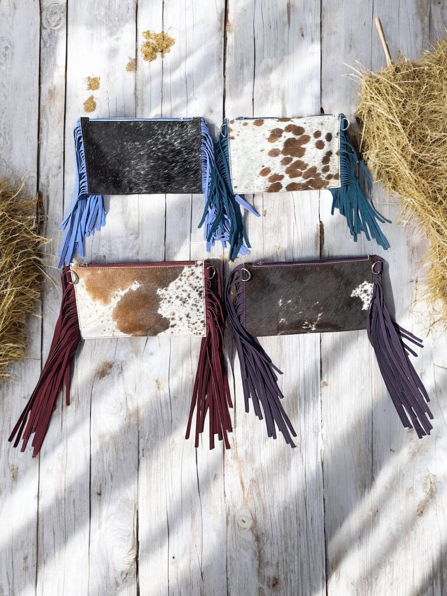Fringe Cowhide Crossbodies: Burgundy Fringe