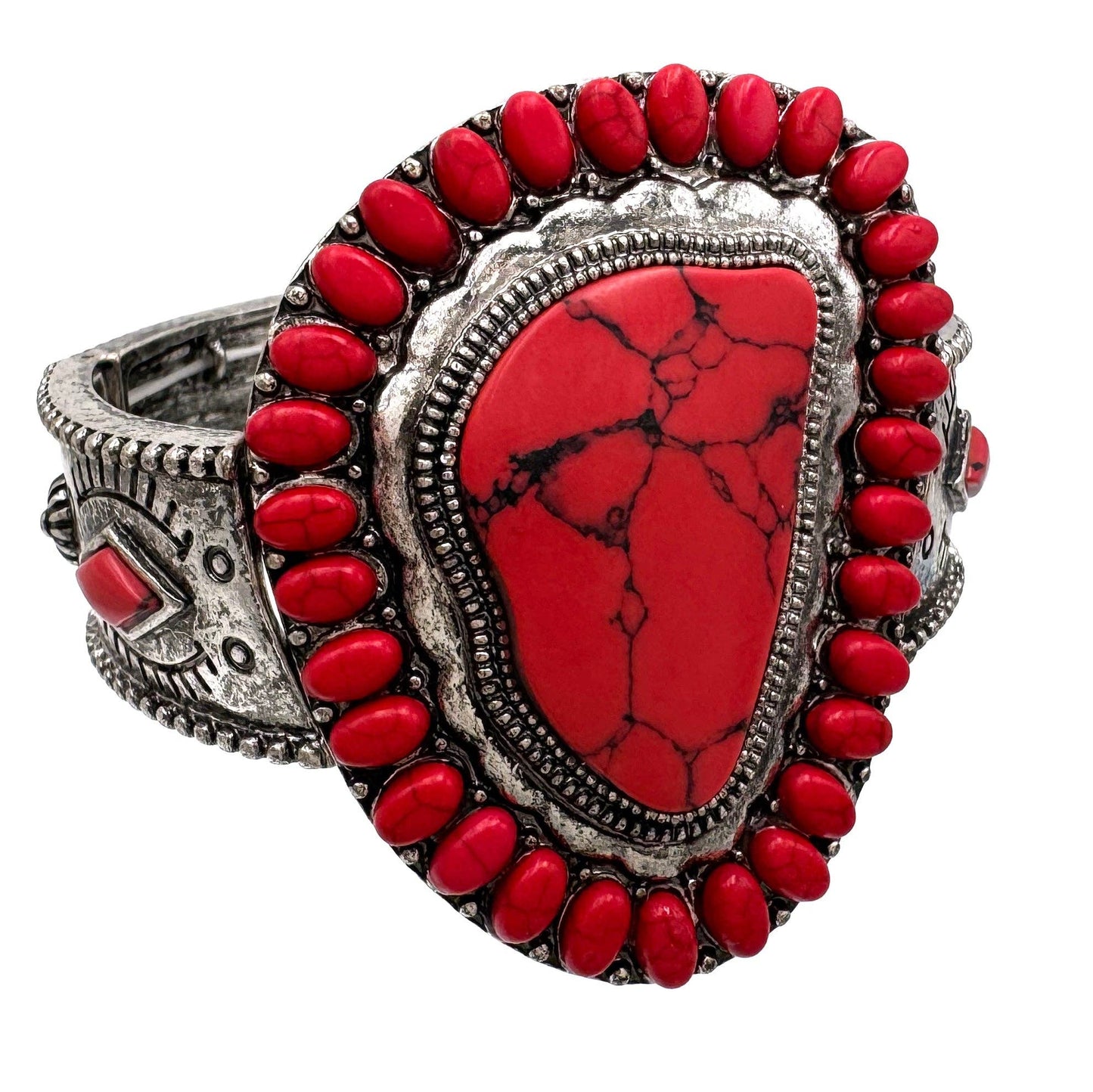 Large Howlite Red Stone Metal Silver Bracelet