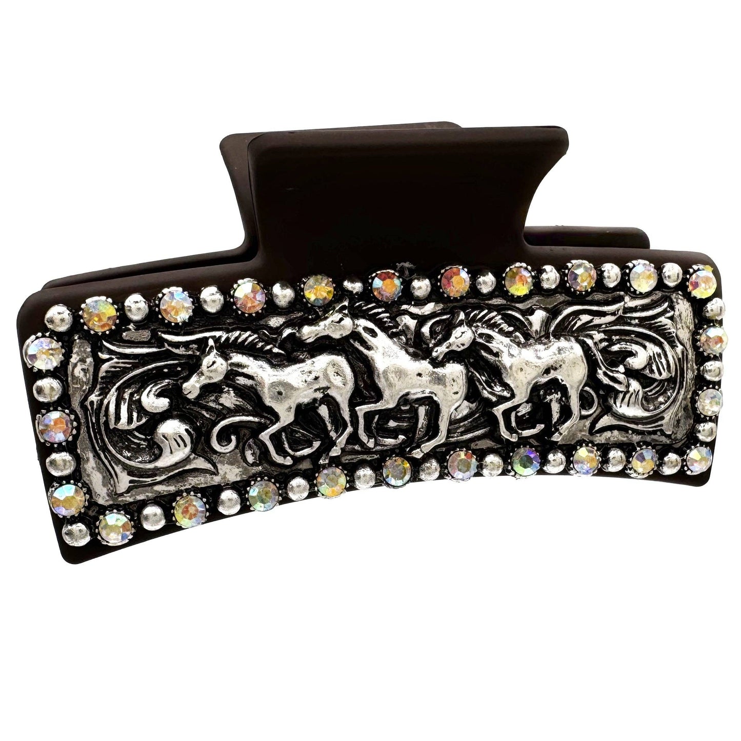 Western Horses Rhinestone Silver Hair Claw