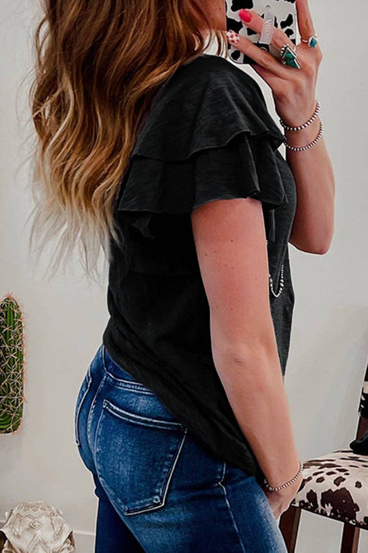 Solid Ruffle Short Sleeve Summer Top-Black