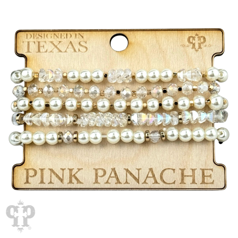 Pearl and faceted bead bracelet stack: White