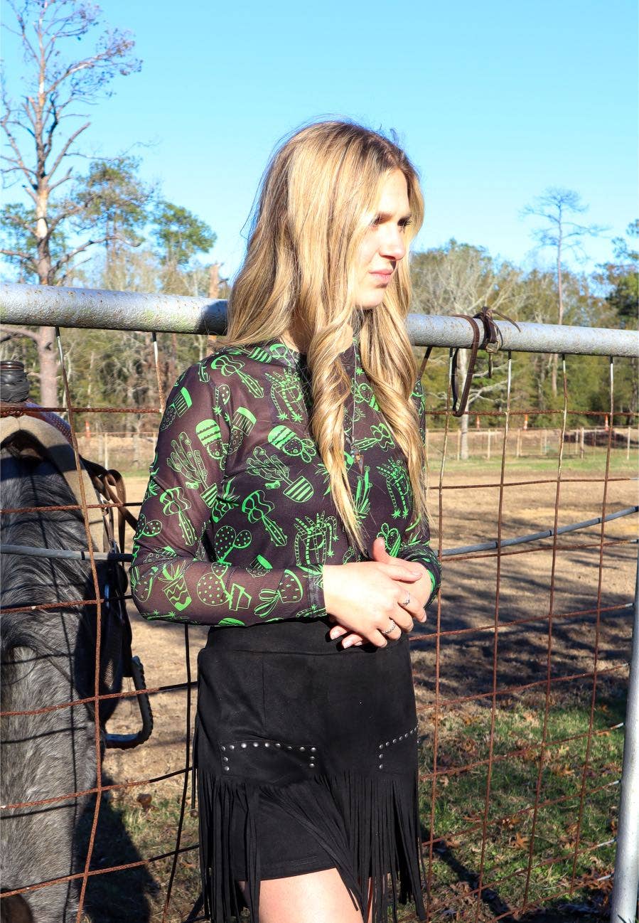 Can't Touch This Long Sleeve Mesh Top - Green Cactus