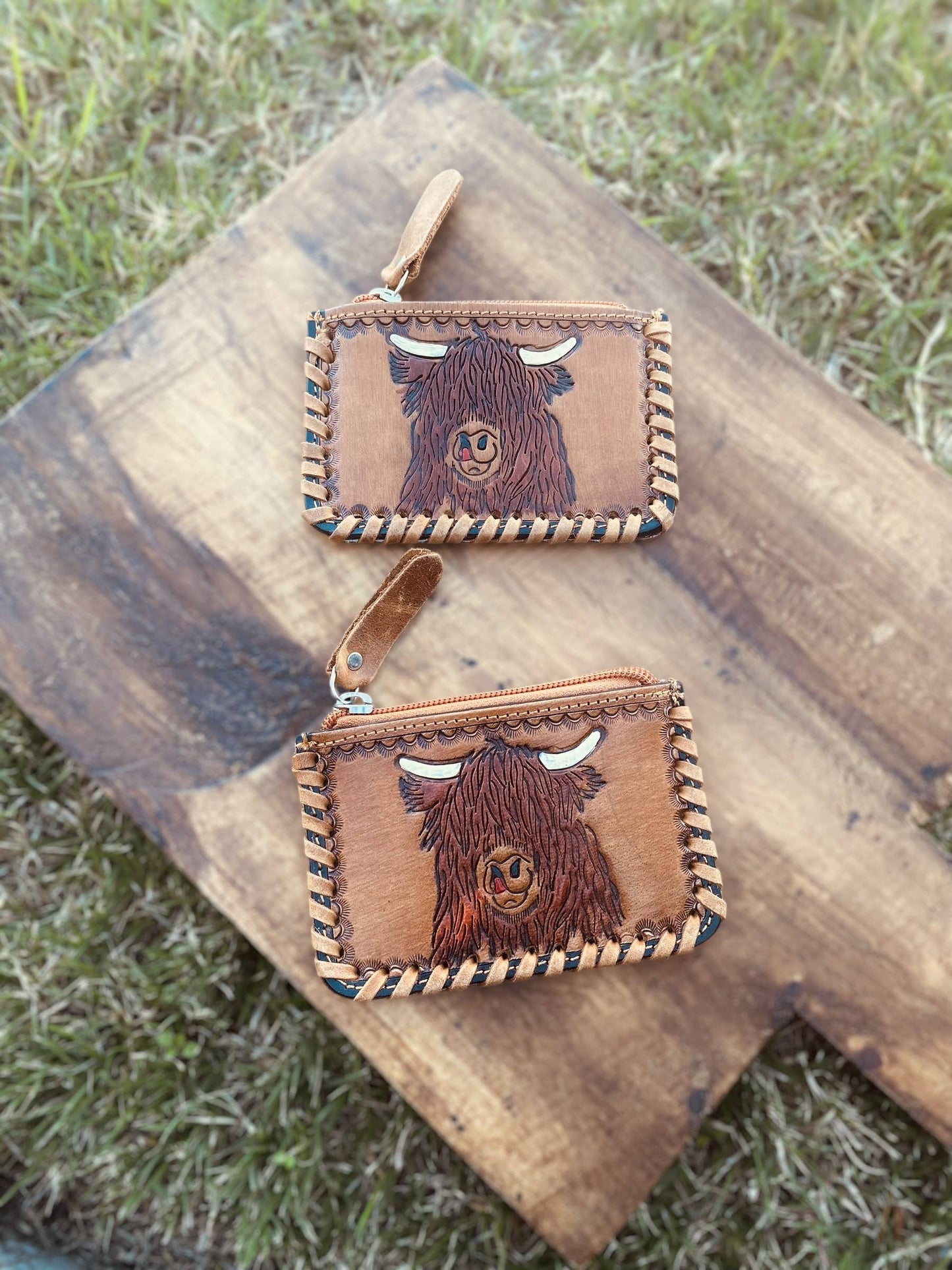 Highland Cow Tooled & Cowhide Coin Pouch