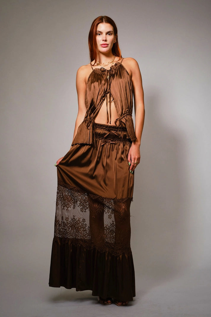 Satin Maxi Skirt with Lace Inlay