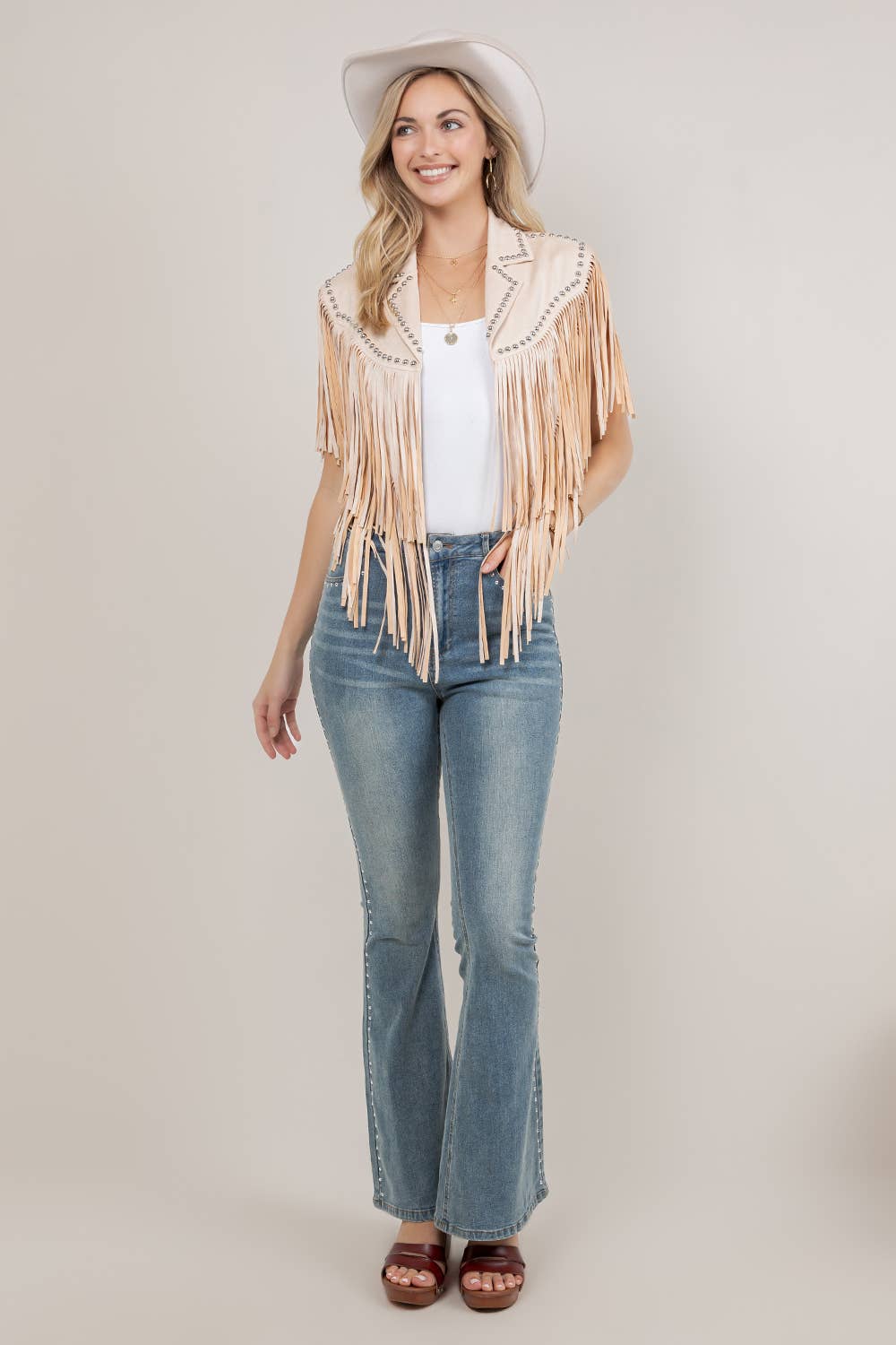 Studded Fringe Shrug- Cream