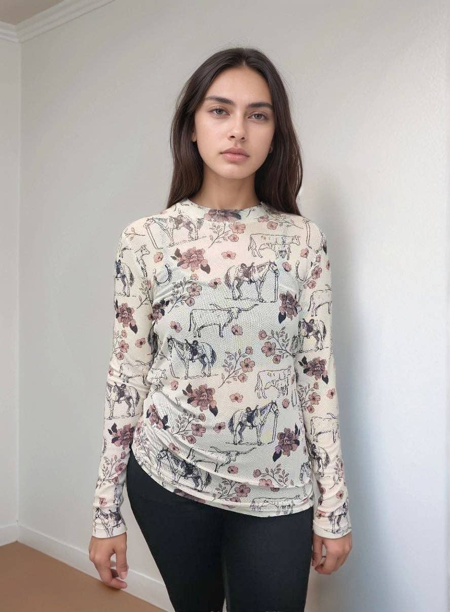 Meadow Blooms Mesh Top: Cream