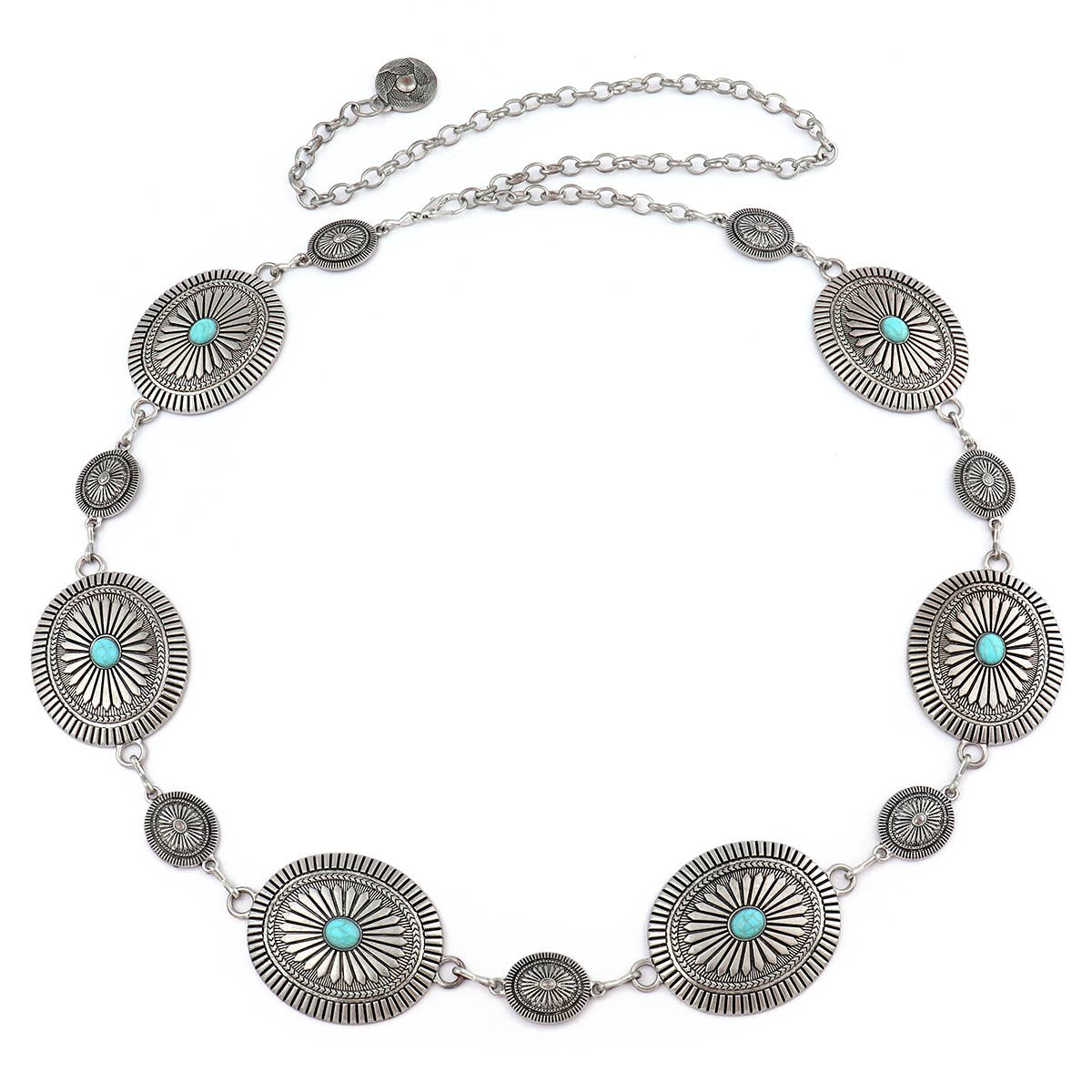 Silver Concho Belt with Small Turquoise Center