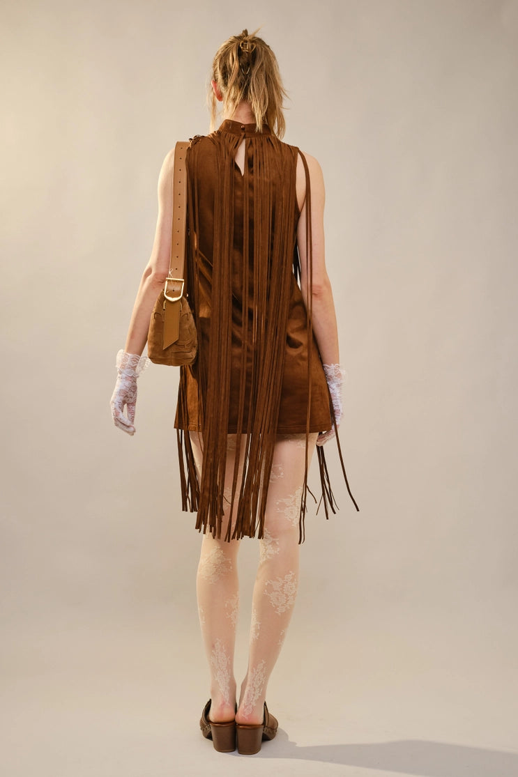 Mock Neck Faux Suede Fringe Dress