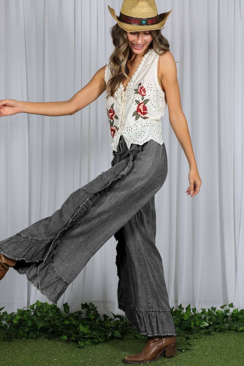 Flared Ruffle Hem Chambray Crop Denim Pants Black Denim