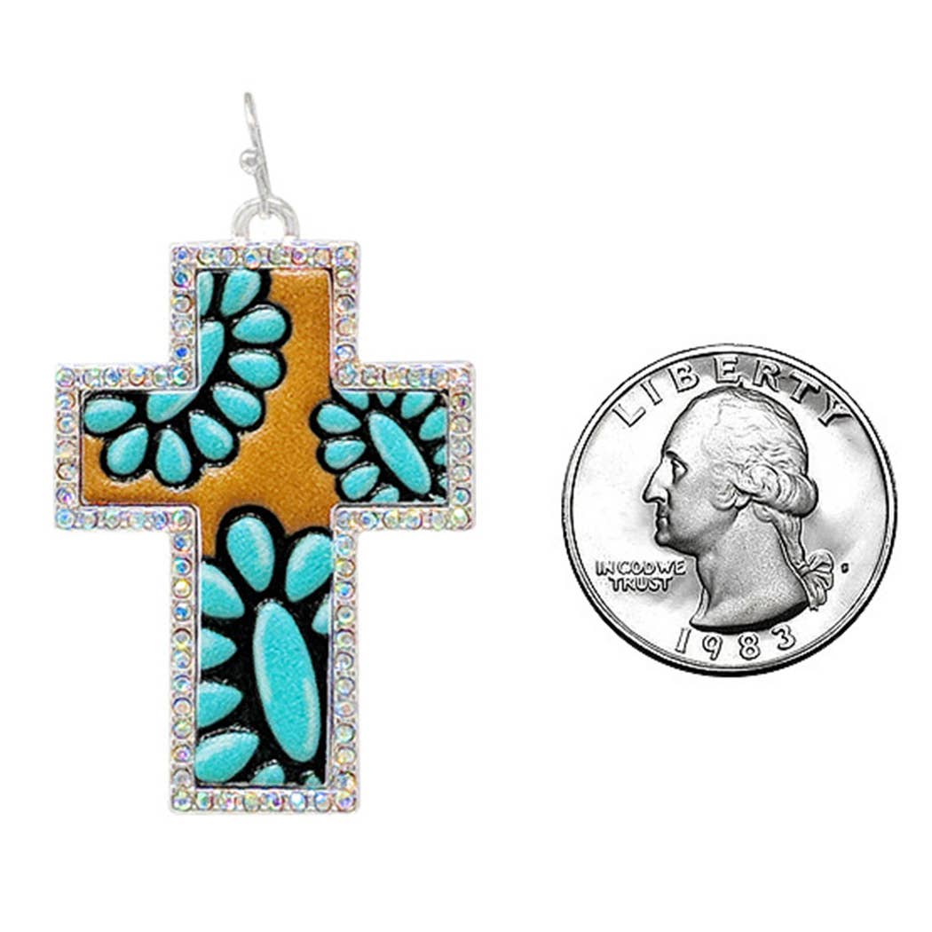 Concho Cross Rhinestone Leather Hook Earrings