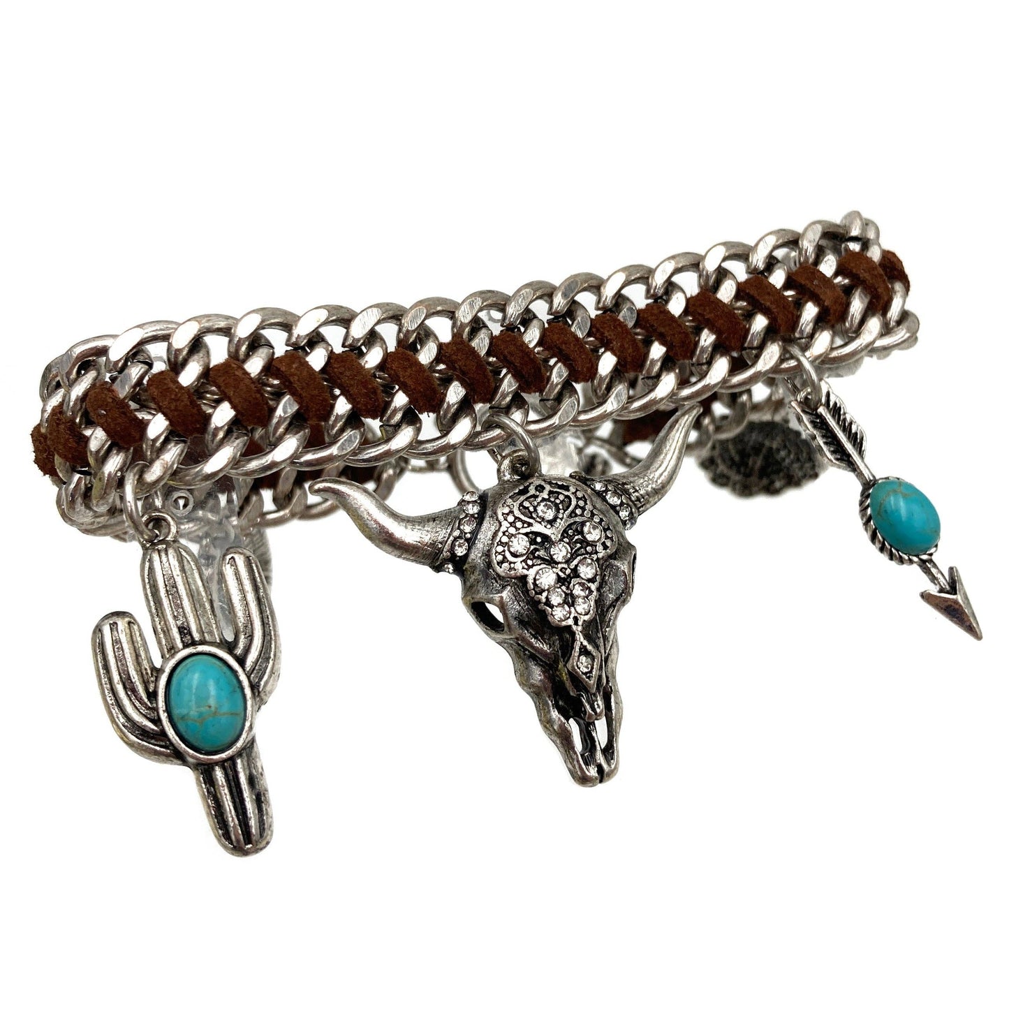 Western Longhorn Arrow Cactus Charms Woven Chain Bracelet