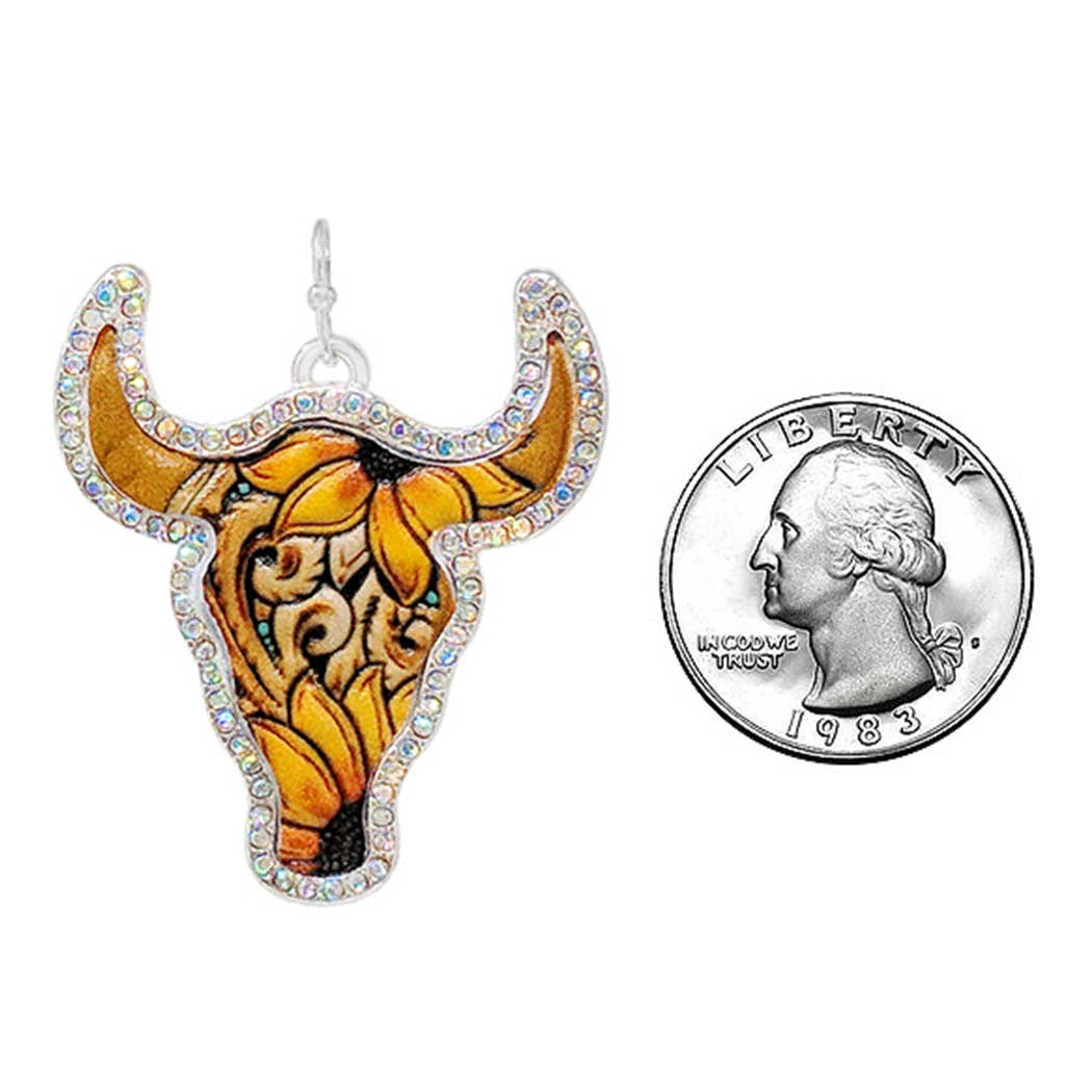 Steer Head Shape Rhinestone Leather Hook Earrings