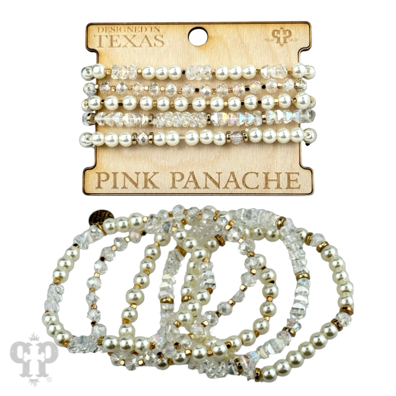 Pearl and faceted bead bracelet stack: White