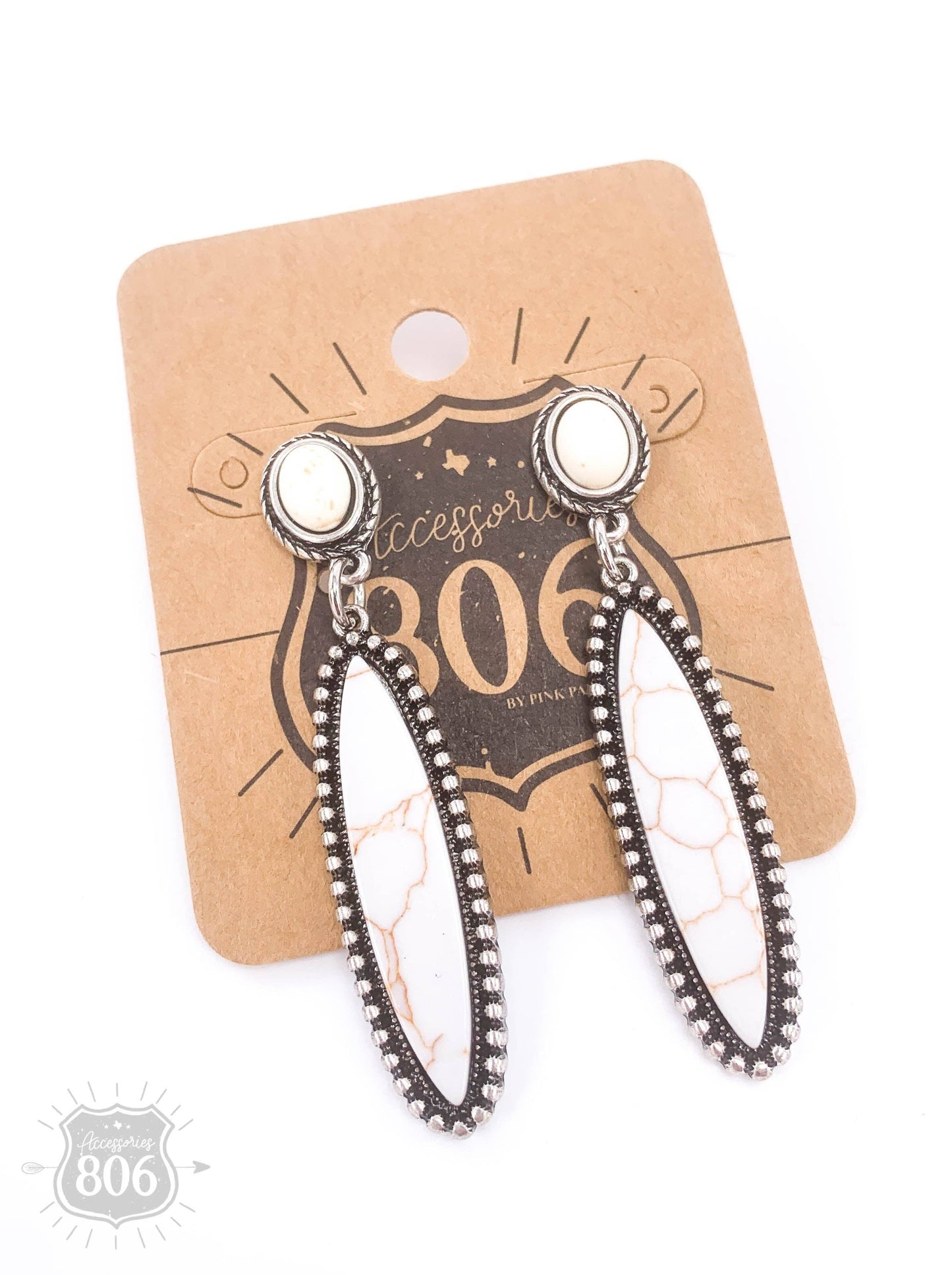 Western long oval stone earring, last call: White