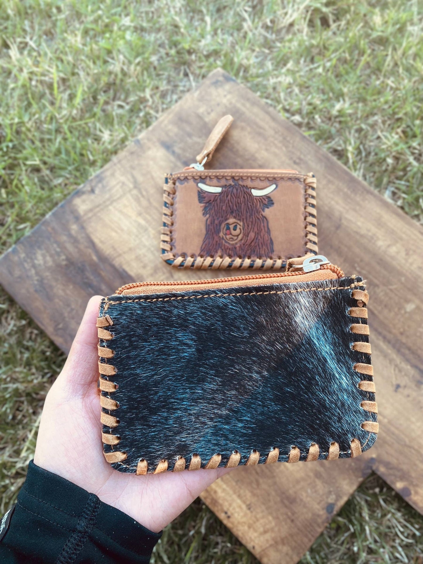 Highland Cow Tooled & Cowhide Coin Pouch