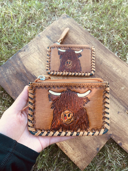 Highland Cow Tooled & Cowhide Coin Pouch 