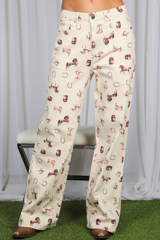 Western Print Wide Leg Pants