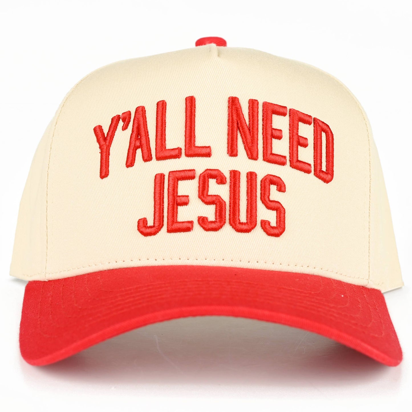 Y'ALL NEED JESUS Embroidered Letter Two Tone Trucker Hat: Beige