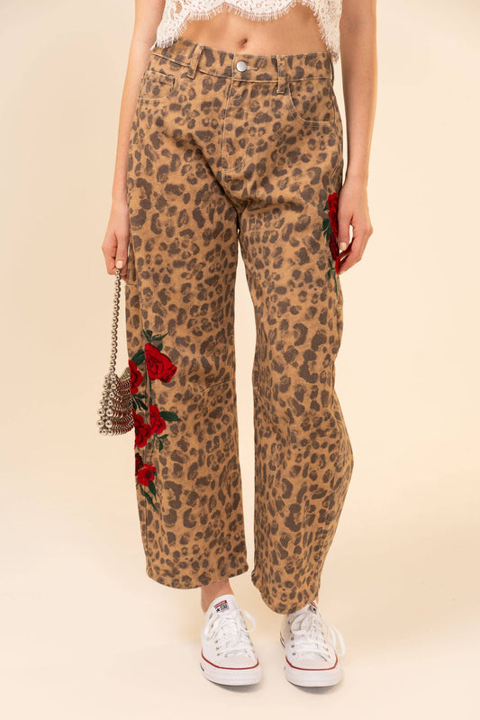 91981P Rose Embroidered Leopard Barrel Pants: LEOPARD / S-M-L (2-2-2)