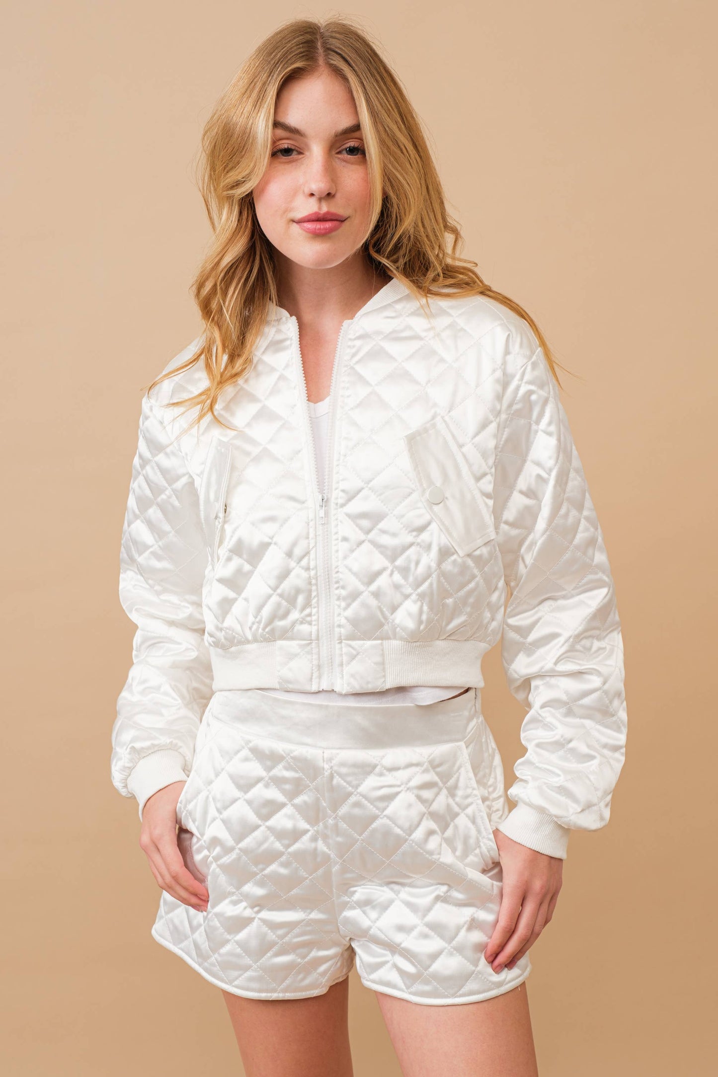 Quilted Crop Pocket Bomber Jacket w/ shorts Matching Set