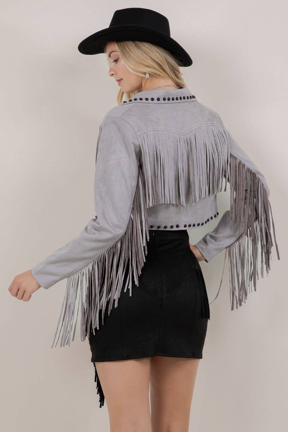 FRINGE STUDDED FUAX SUEDE JACKET