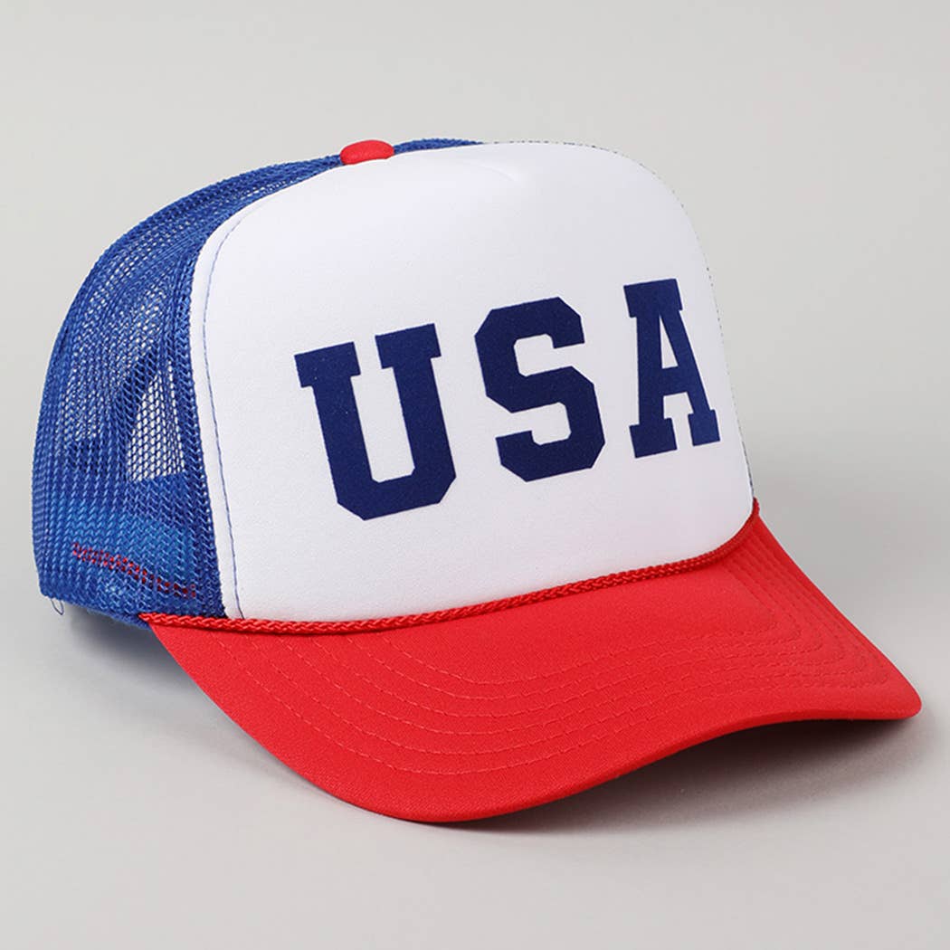 USA Letter Suede Like Logo Print Trucker Hat