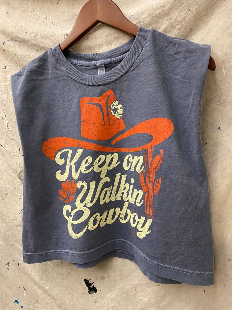 Walk on Cowboy Midriff boxy Muscle crop top : Medium Faded Black