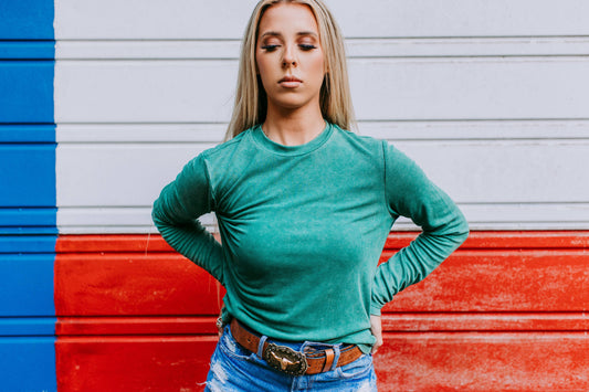 Acid Washed Ribbed Mock neck Top
