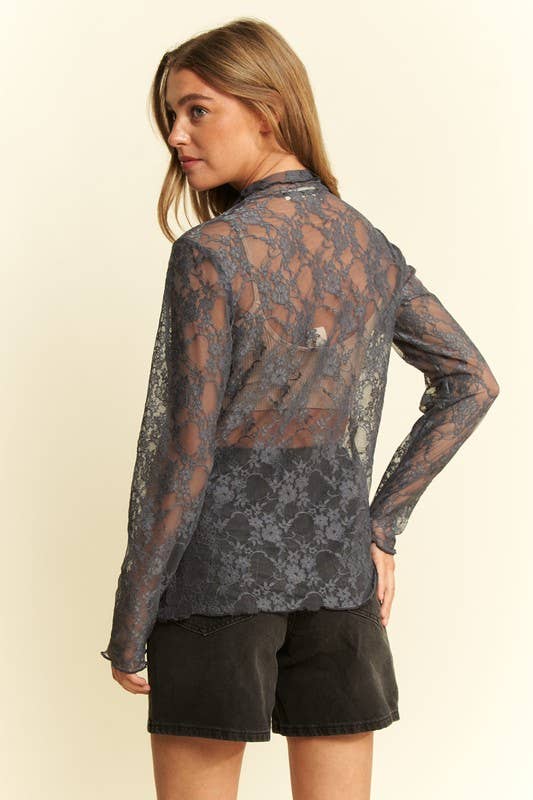 Floral Print Lace Long Sleeve Mesh/Lace Top