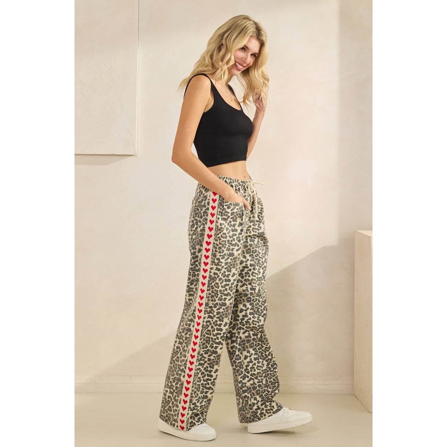 Leopard Printed Striped Wide Legged Pants: Brown Heart