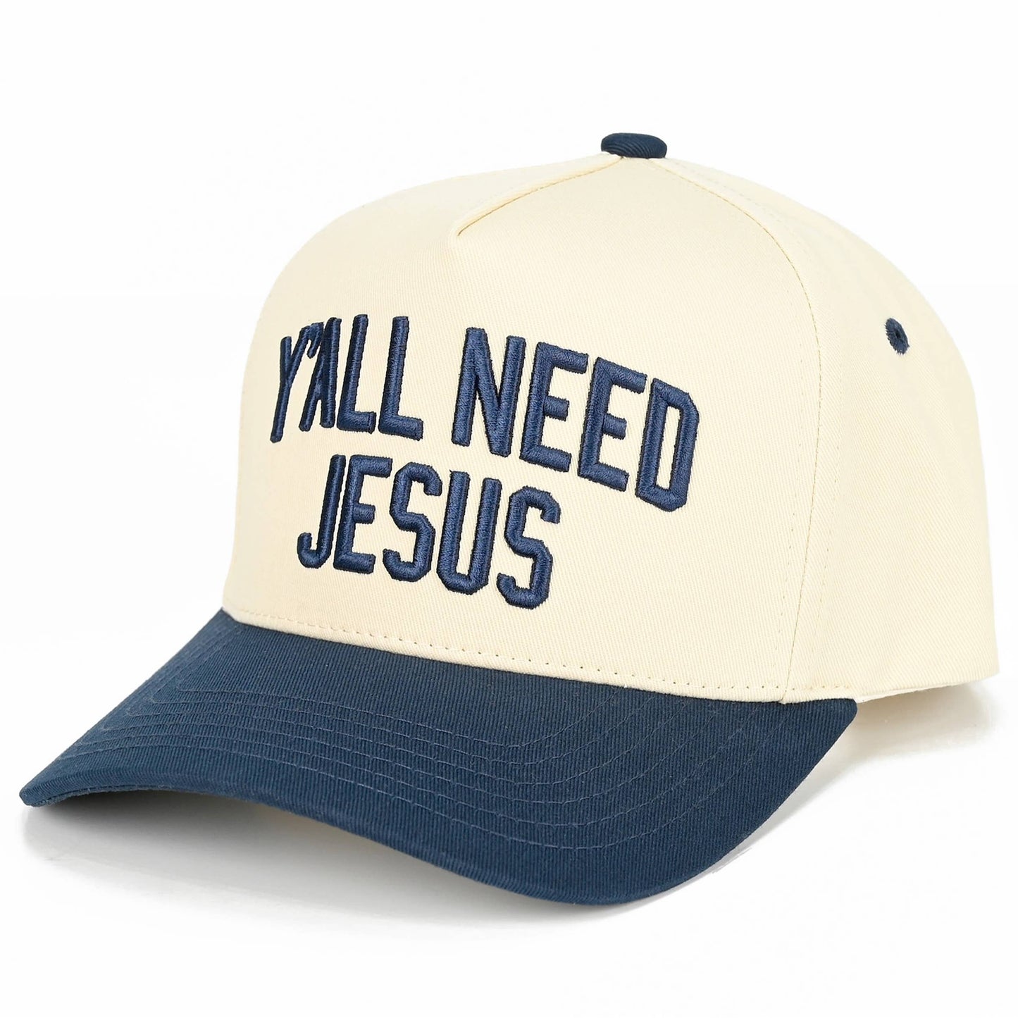 Y'ALL NEED JESUS Embroidered Letter Two Tone Trucker Hat: Beige
