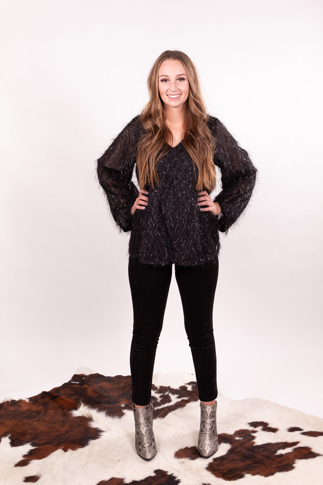 Midnight New Years Bubble Sleeve Fringe Top