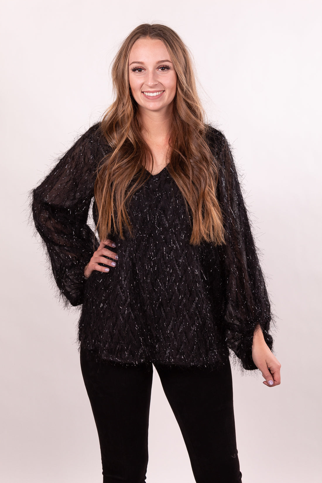 Midnight New Years Bubble Sleeve Fringe Top