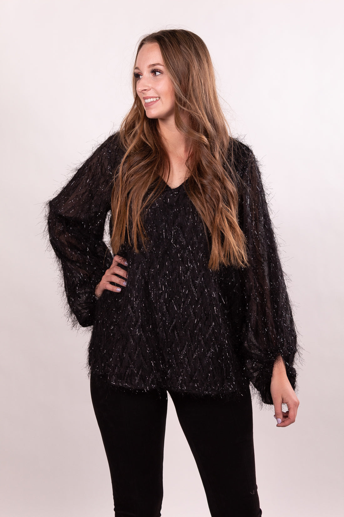 Midnight New Years Bubble Sleeve Fringe Top