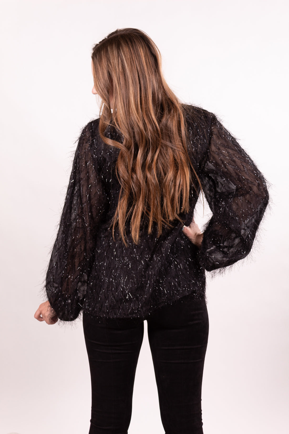 Midnight New Years Bubble Sleeve Fringe Top