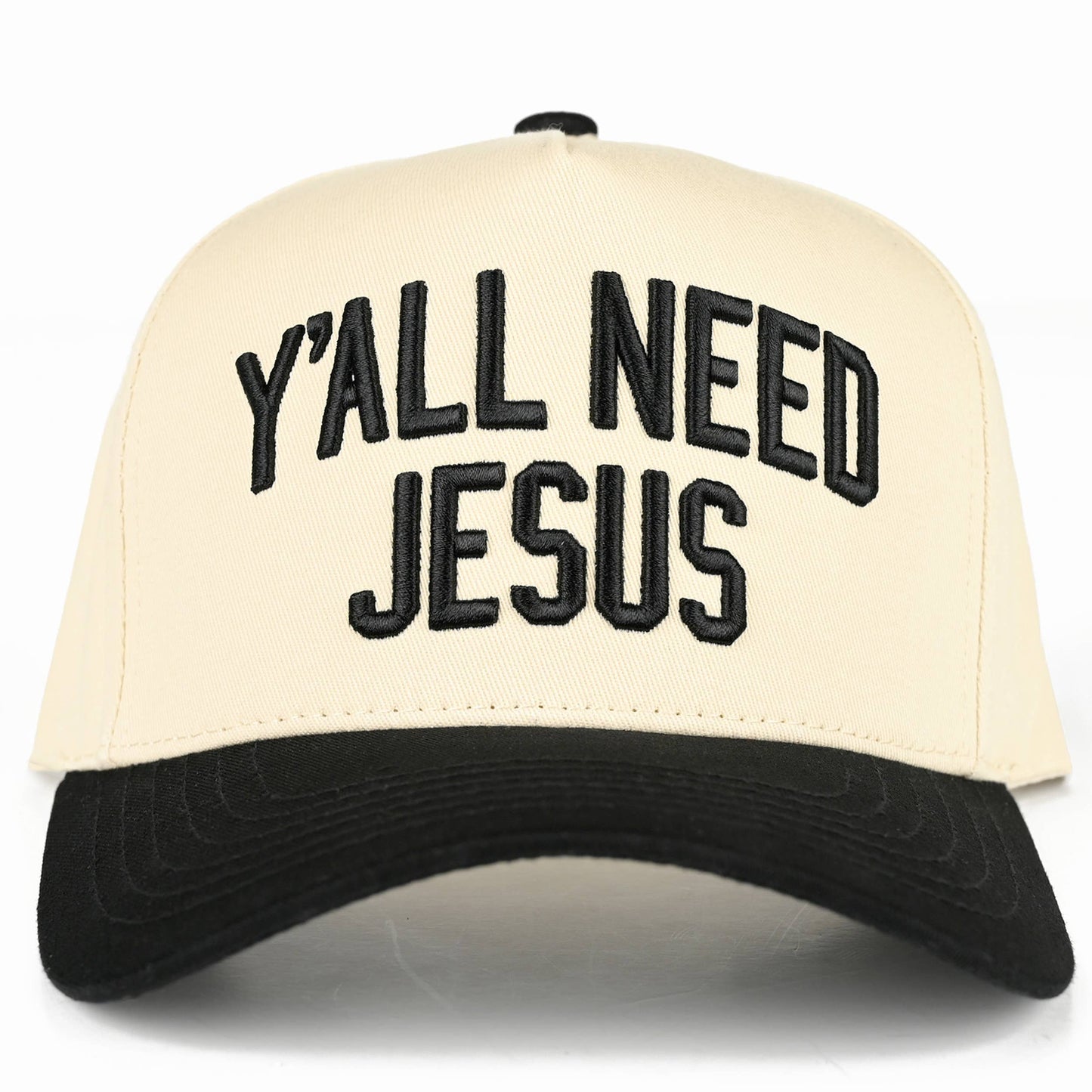 Y'ALL NEED JESUS Embroidered Letter Two Tone Trucker Hat: Beige