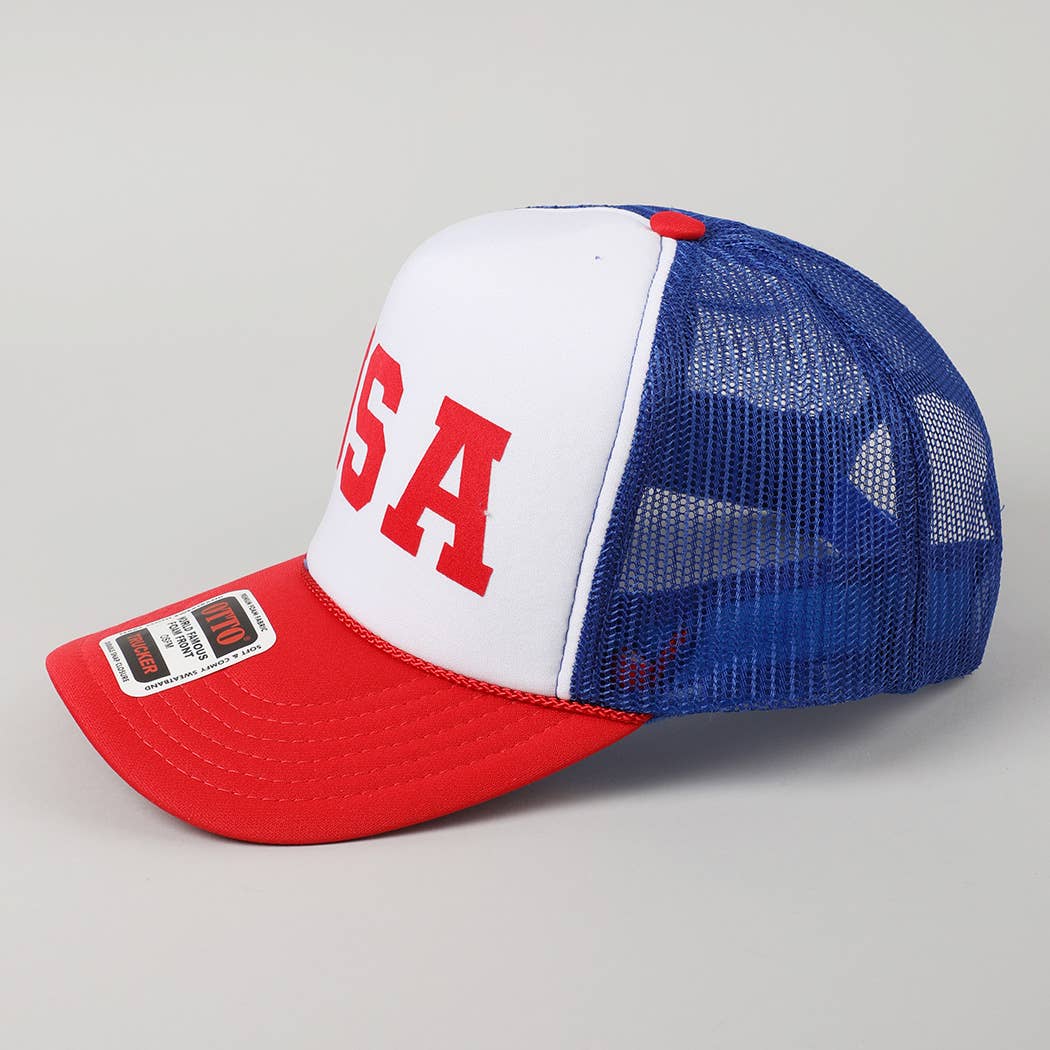 USA Letter Suede Like Logo Print Trucker Hat