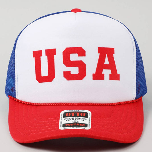 USA Letter Suede Like Logo Print Trucker Hat