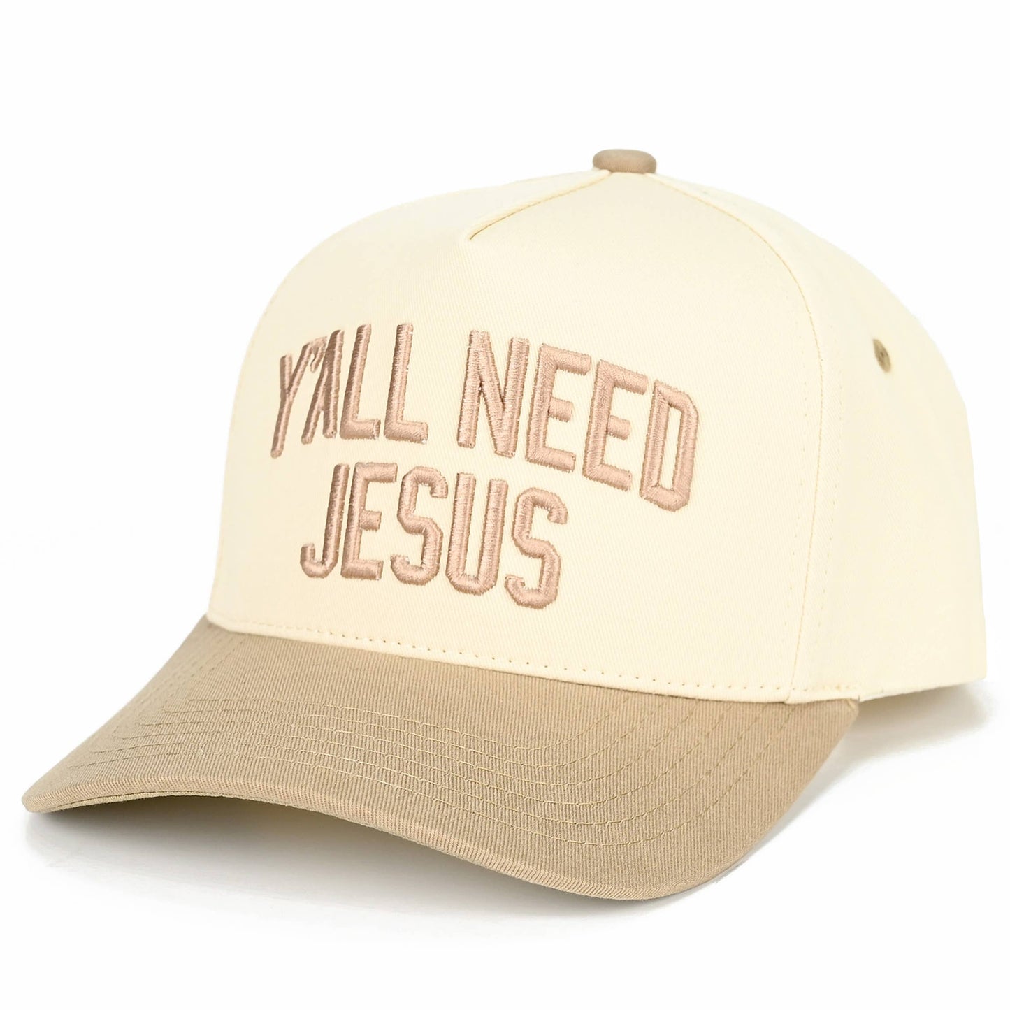 Y'ALL NEED JESUS Embroidered Letter Two Tone Trucker Hat: Beige