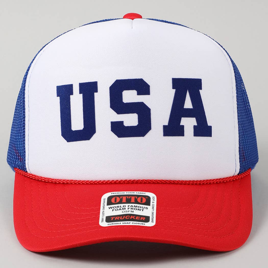USA Letter Suede Like Logo Print Trucker Hat