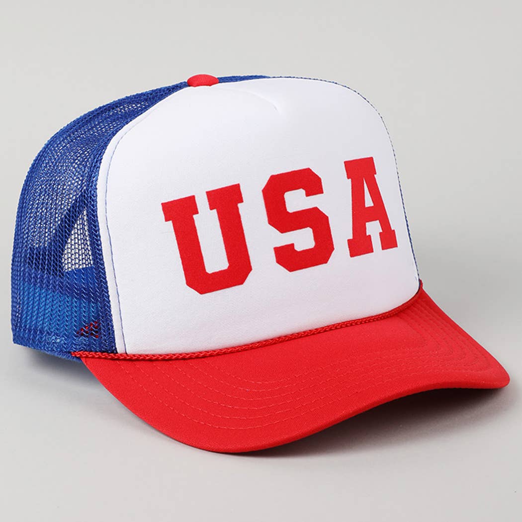 USA Letter Suede Like Logo Print Trucker Hat