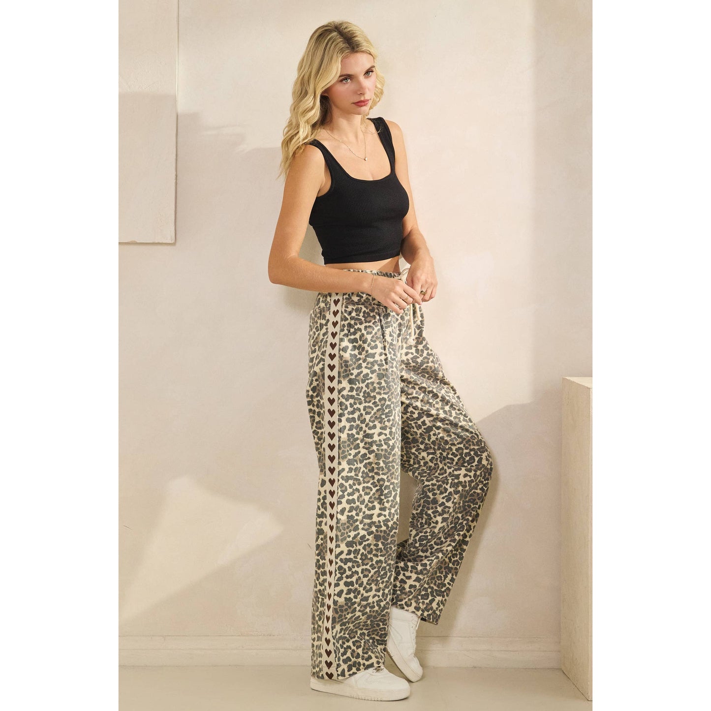 Leopard Printed Striped Wide Legged Pants: Brown Heart