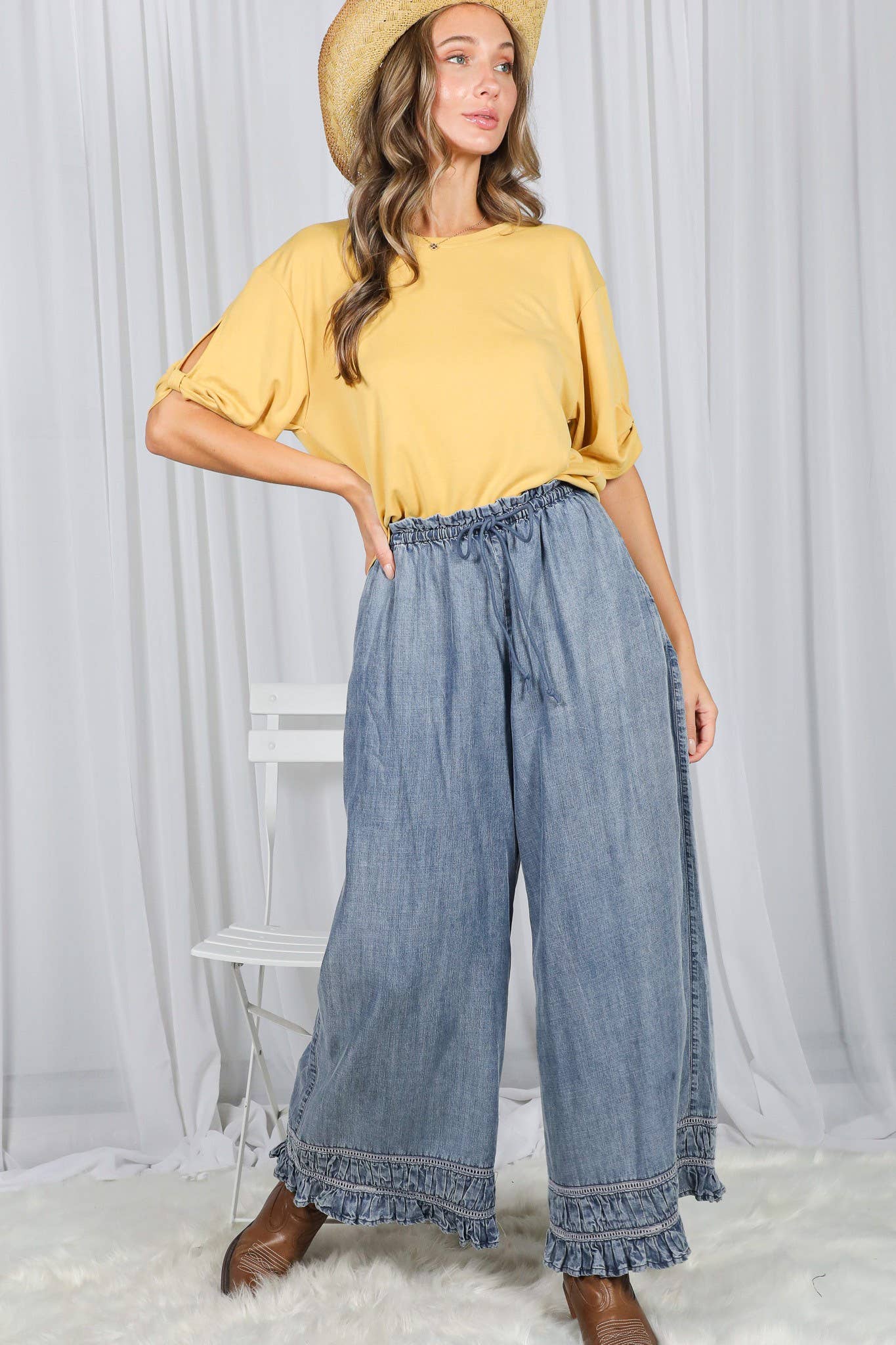 Flared Ruffle Hem Washed Chambray Crop Denim Pants