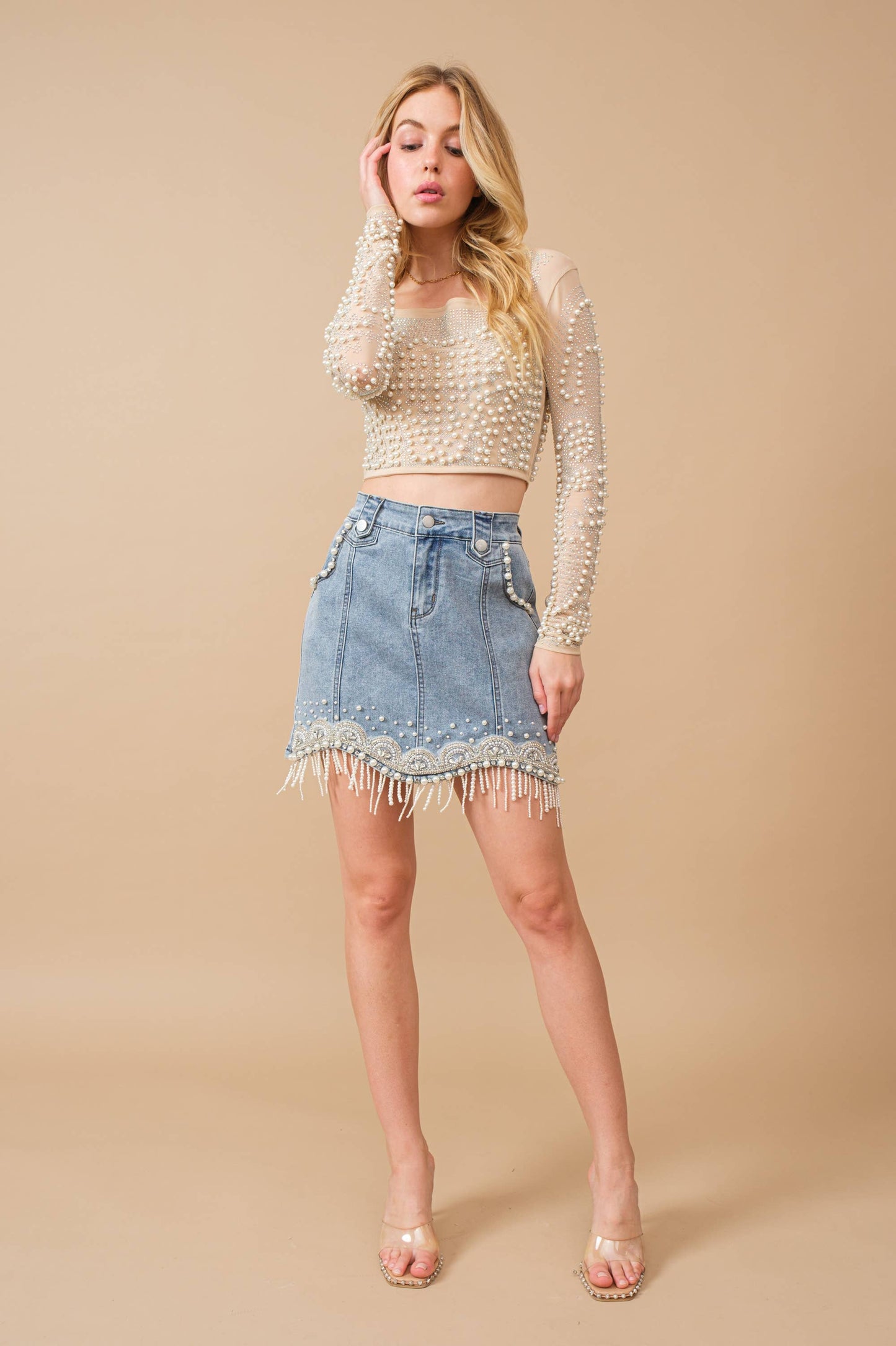 Embellished Pearl Fringe Mini Skirt