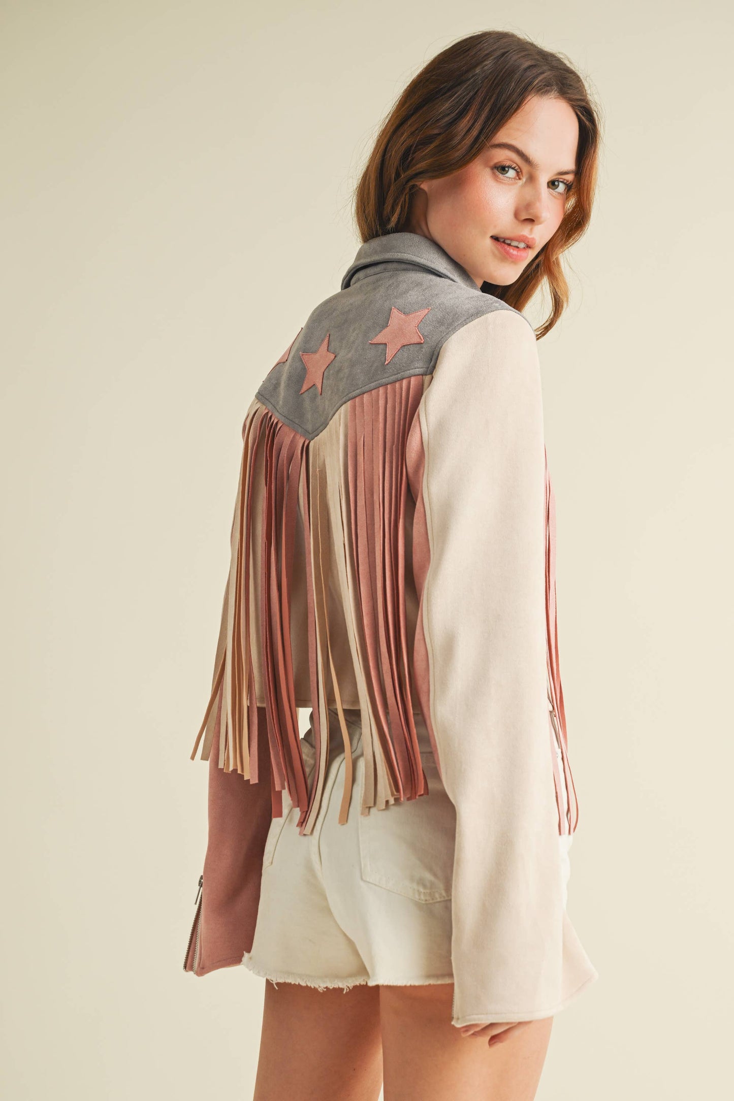 Americana Faux Suede Crop Jacket with Fringe
